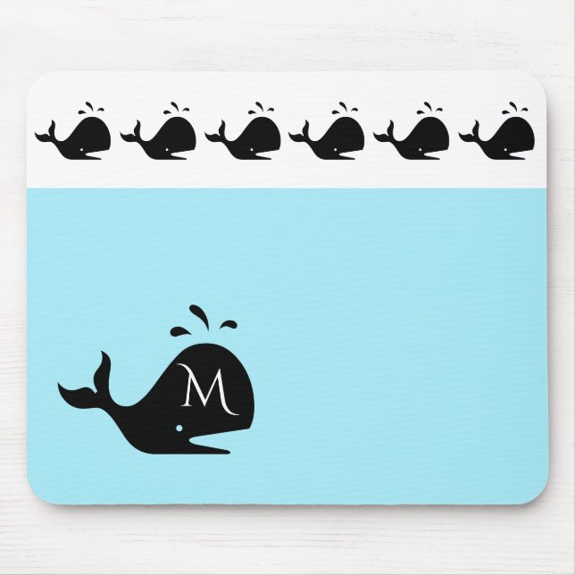 Tapis De Souris Cute blanche et bleue Custom Initial Baleine noire (Devant)