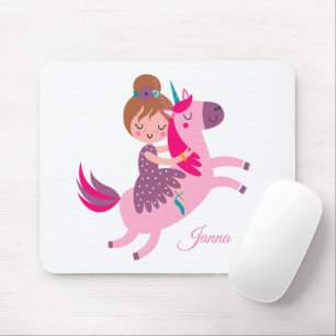 Tapis De Souris Cute Blondie Haired Girl équitation sur une licorn