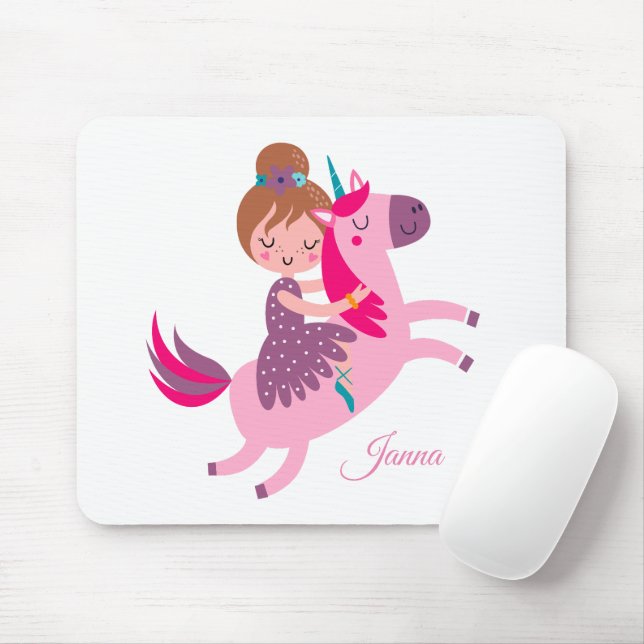 Tapis De Souris Cute Blondie Haired Girl équitation sur une licorn (Avec souris)