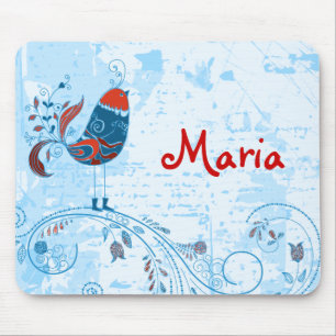 Tapis De Souris Cute Blue Bird Girl Retro mode florale