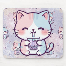 Cute Boba Tea Kitten Mousepad - Aesthetic Pastel F