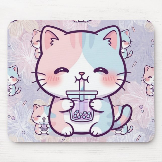 Tapis De Souris Cute Boba Tea Kitten Mousepad - Aesthetic Pastel F (Devant)