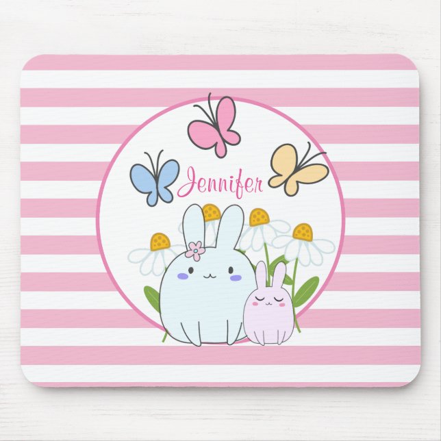 Tapis De Souris Cute Bunnies avec marguerites de printemps et papi (Devant)