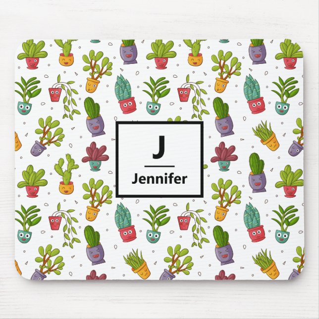 Tapis De Souris Cute Cactus Nature Succulents Monogramme Motif (Devant)
