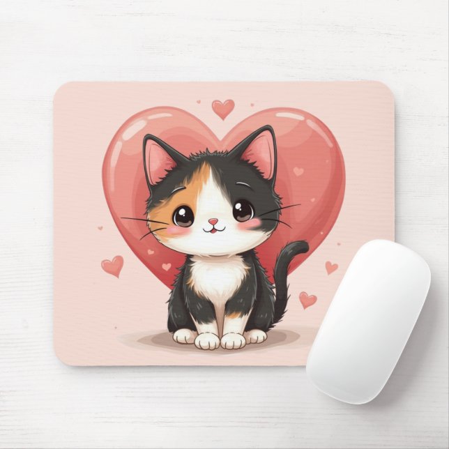 Tapis De Souris Cute Calico Cat Heart Kawaii Valentine's Art (Avec souris)