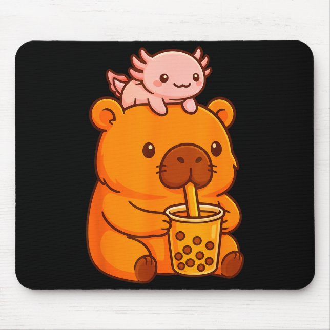 Tapis De Souris Cute Capybara Drinking Bubble Tea And Axolotl Kawa (Devant)