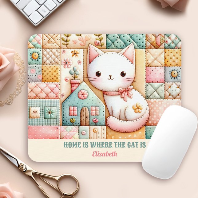 Tapis De Souris Cute Cat House Quilt Patchwork Pastel Nom personna (Cute Cat House Quilt Patchwork Pastel Custom Name Mouse Pad)