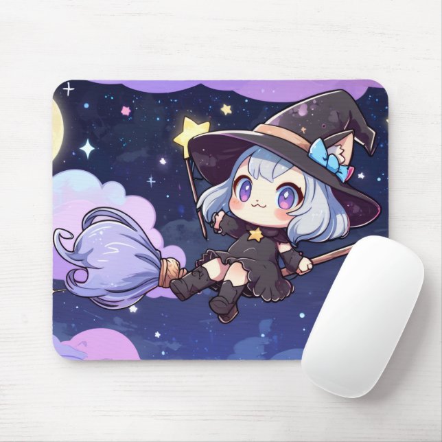 Tapis De Souris Cute Chibi Witch Flying in the Night Sky – Whimsic (Avec souris)