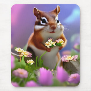 Tapis De Souris Cute Chipmunk avec Fleurs