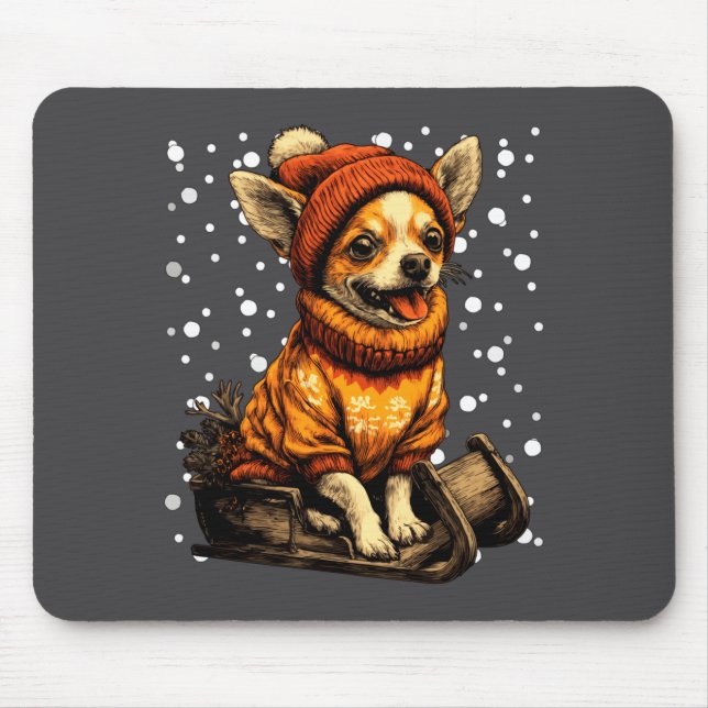 Tapis De Souris Cute Christmas Chihuahua Sledding In Snow Funny Wi (Devant)
