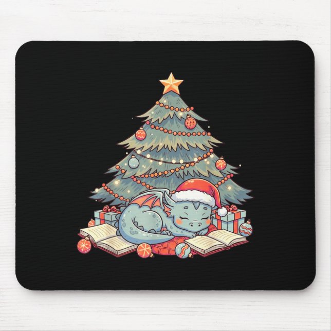 Tapis De Souris Cute Christmas Dragon Sleeng Under Tree Books Love (Devant)