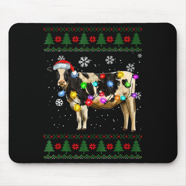 Tapis De Souris Cute Cow Santa Christmas Lights Ugly Xmas Sweater  (Devant)