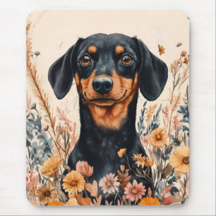 Tapis De Souris Cute Dachshund avec peinture Fleur sauvage