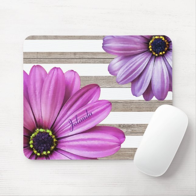 Tapis De Souris Cute Daisies Wood White Stripes Ajouter un nom (Avec souris)