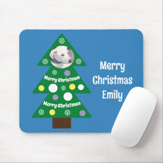 Tapis De Souris Cute Dog Photo in Colorful Christmas Tree Blue
