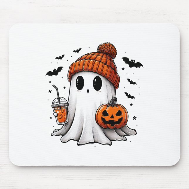 Tapis De Souris Cute Ghost Boire Café Halloween Ghost Ice Cof (Devant)