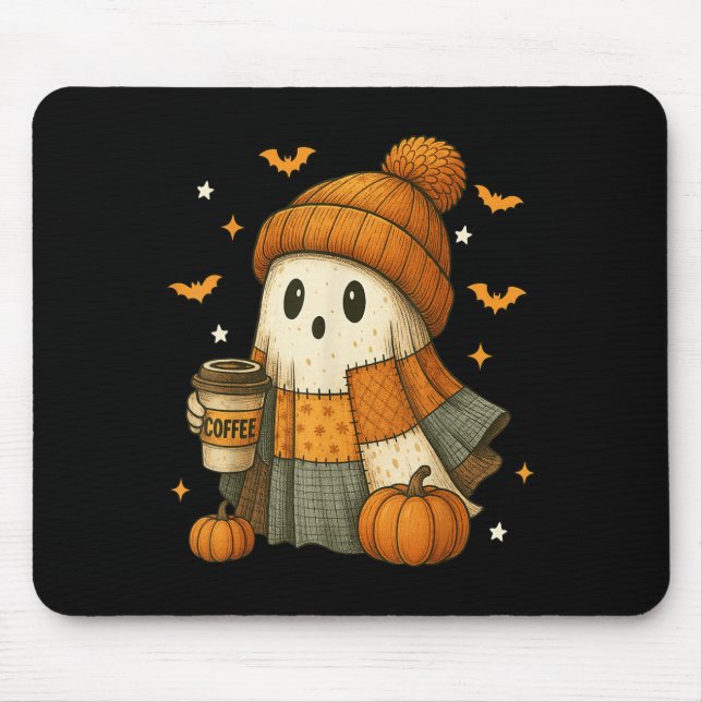 Tapis De Souris Cute Ghost Boire Café Halloween Patchwork Gho (Devant)