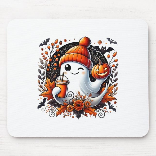 Tapis De Souris Cute Ghost Boire Café Halloween Thème Éffrayant (Devant)