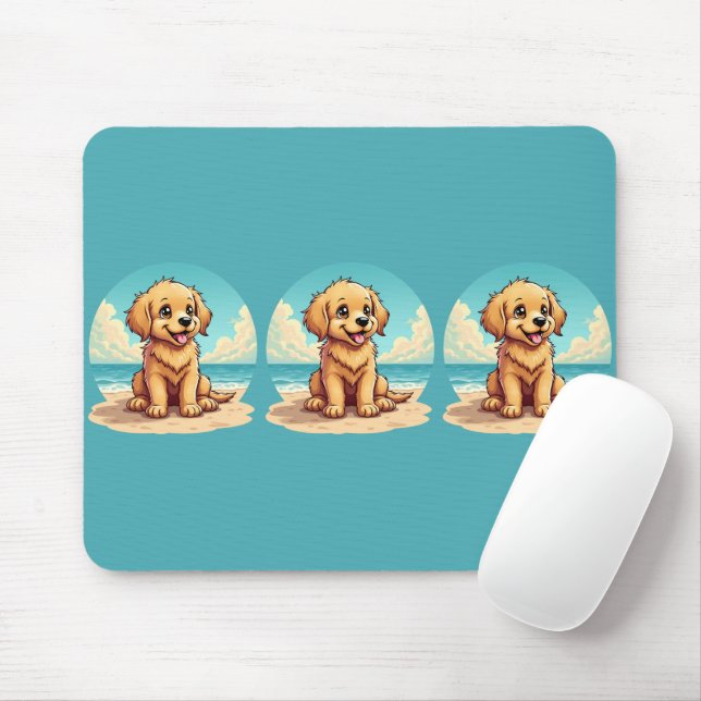 Tapis De Souris Cute Golden Puppy at Sunny Beach Scene (Avec souris)