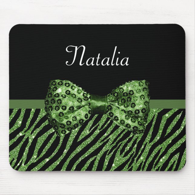 Tapis De Souris Cute Green Zebra Print FAUX Glitz Bow avec nom (Devant)