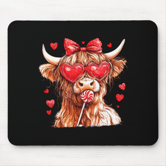 Tapis De Souris Cute Highland Cow Candy Cane Heart Valentines Day  (Devant)