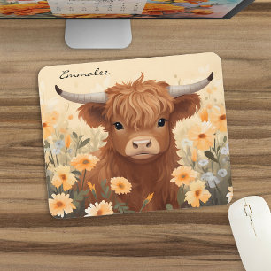 Tapis De Souris Cute Highland Cow Floral avec Monogramme