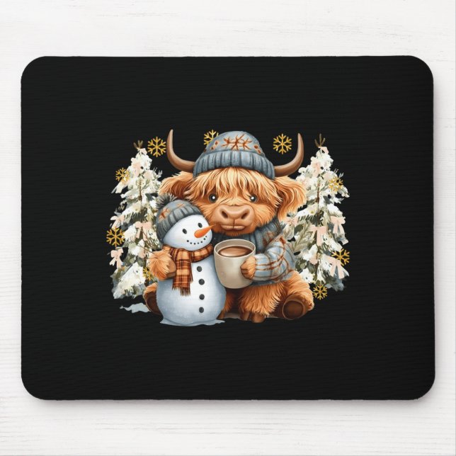 Tapis De Souris Cute Highland Cow With Snowman Hot Cocoa Christmas (Devant)