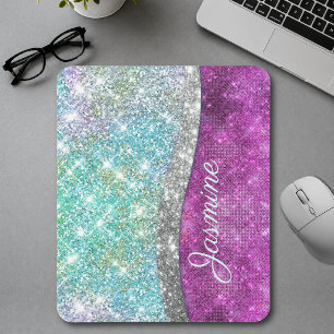 Tapis De Souris Cute iridescent purple teal faux glitter monogram