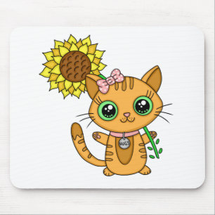 Tapis De Souris Cute Kawaii Chat Holding Fleur