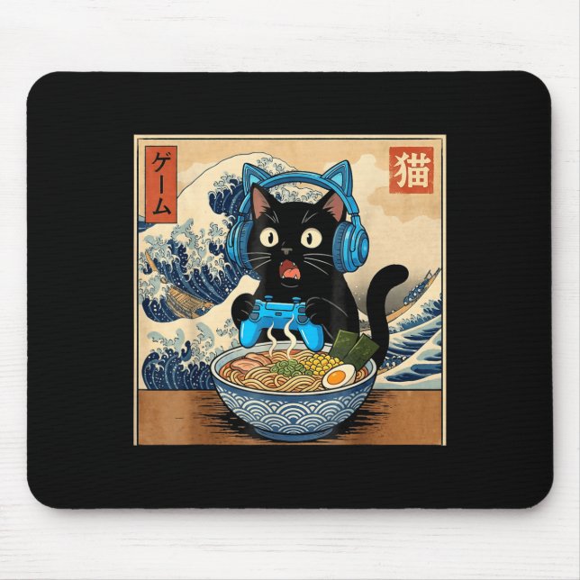 Tapis De Souris Cute Kawaii Gamer Cat Funny Ramen Japanese Cat Gam (Devant)
