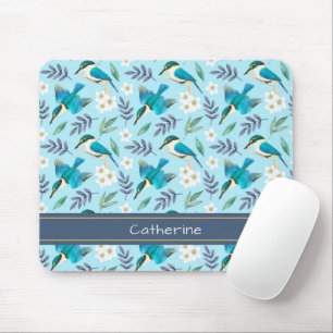 Tapis De Souris Cute Kingfisher Birds Floral Pattern Blue Name