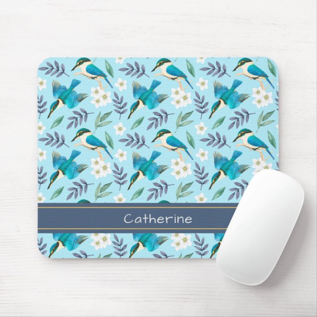 Tapis De Souris Cute Kingfisher Birds Floral Pattern Blue Name (Avec souris)
