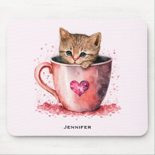 Tapis De Souris Cute Kitten dans un Teacup avec les coeurs