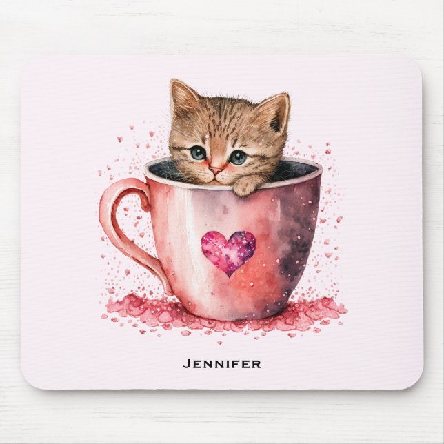Tapis De Souris Cute Kitten dans un Teacup avec les coeurs (Devant)