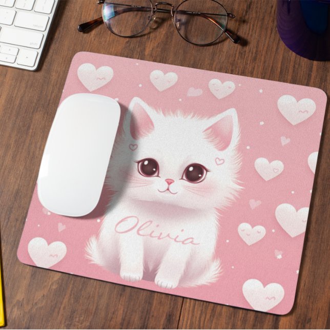Tapis De Souris Cute Kitten Valentine's Day blanc rose (Créateur téléchargé)