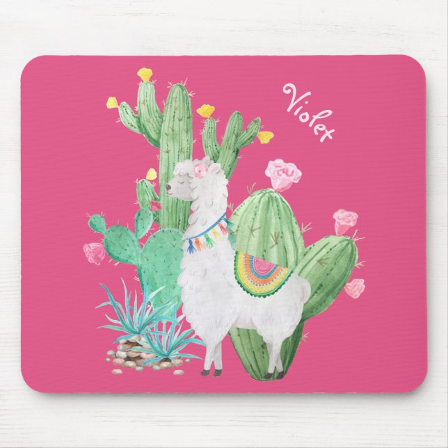 Tapis De Souris Cute Llama dans le jardin de Cactus - Rose personn (Devant)