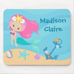 Tapis De Souris Cute Mermaid Beach Girl Pink Hair Custom Kids