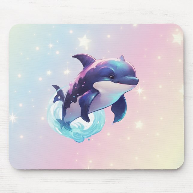 Tapis De Souris Cute moderne Kawaii Orca tueur baleine rose et ble (Devant)
