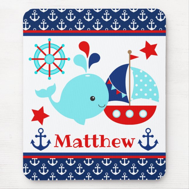 Tapis De Souris Cute Nautical Blue Whale et Ancres Motif (Devant)