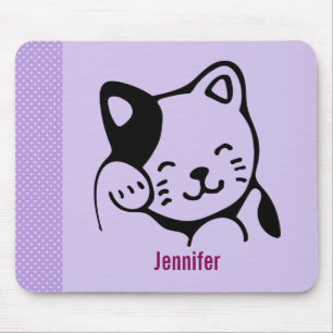 Tapis De Souris Cute noir et blanc Kitty Chat Waving Bonjour