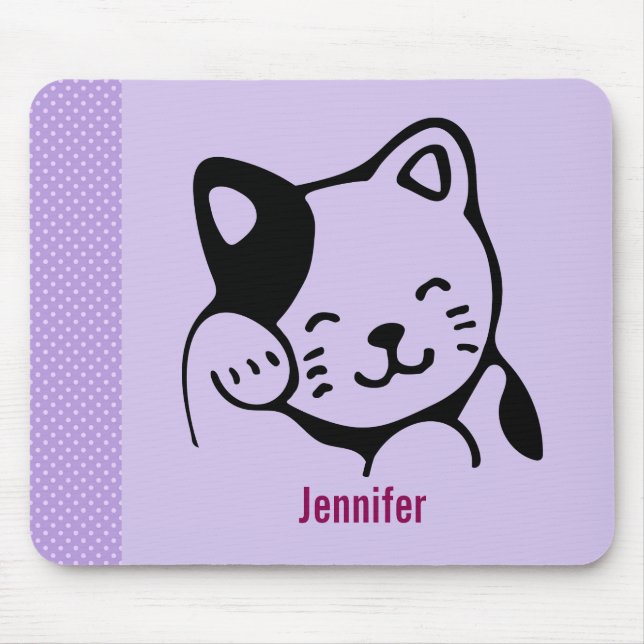 Tapis De Souris Cute noir et blanc Kitty Chat Waving Bonjour (Devant)