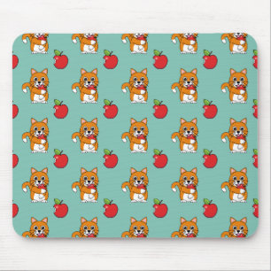 Tapis De Souris Cute Orange Blanc Chat Manger Rouge Pomme Carton
