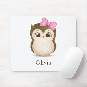 Tapis De Souris Cute Owl Pink Bow Girly Watercolor Name
