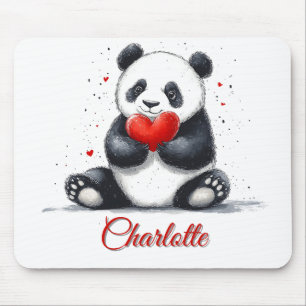 Tapis De Souris Cute Panda Holding Heart avec nom personnalisable