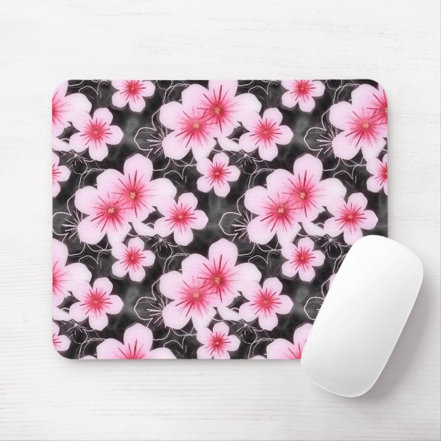 Tapis De Souris Cute Pastel Pink Hibiscus Motif Floral Sur Noir (Avec souris)