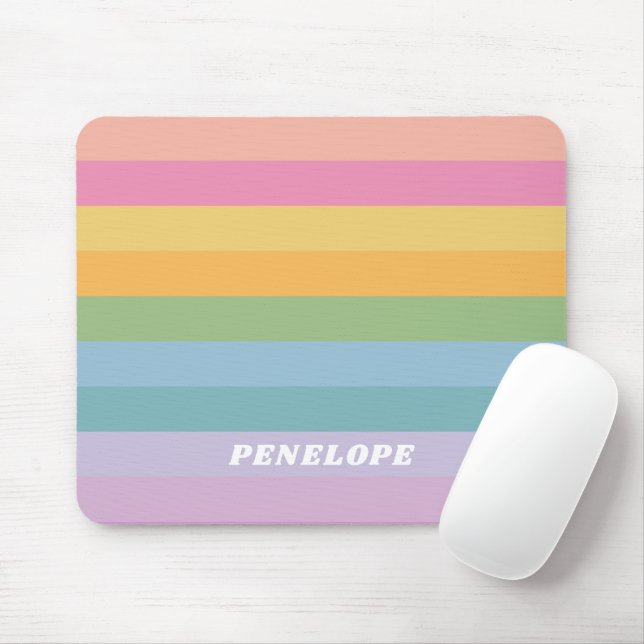 Tapis De Souris Cute Pastel Rainbow Stripes Nom personnalisé (Avec souris)