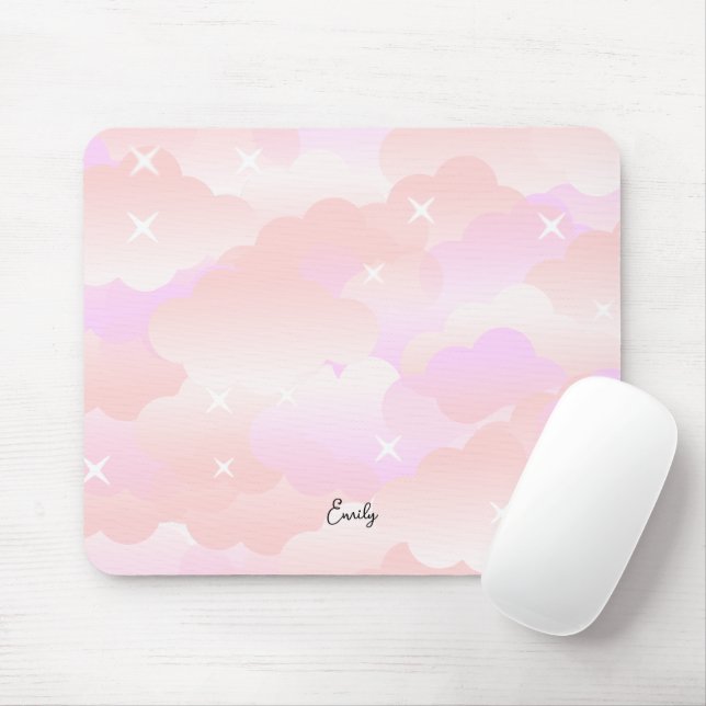 Tapis De Souris Cute Pastel Rose Aesthétique Cloud Stars Personnal (Avec souris)