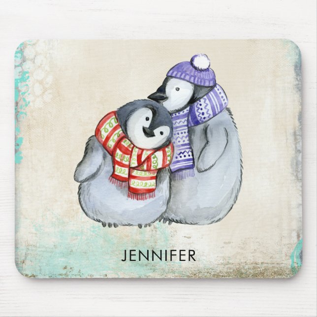 Tapis De Souris Cute Penguins in Winter Scarves and Hats Custom (Devant)