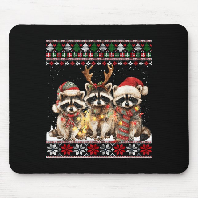 Tapis De Souris Cute Raccoon Santa Christmas Lights Ugly Xmas Swea (Devant)