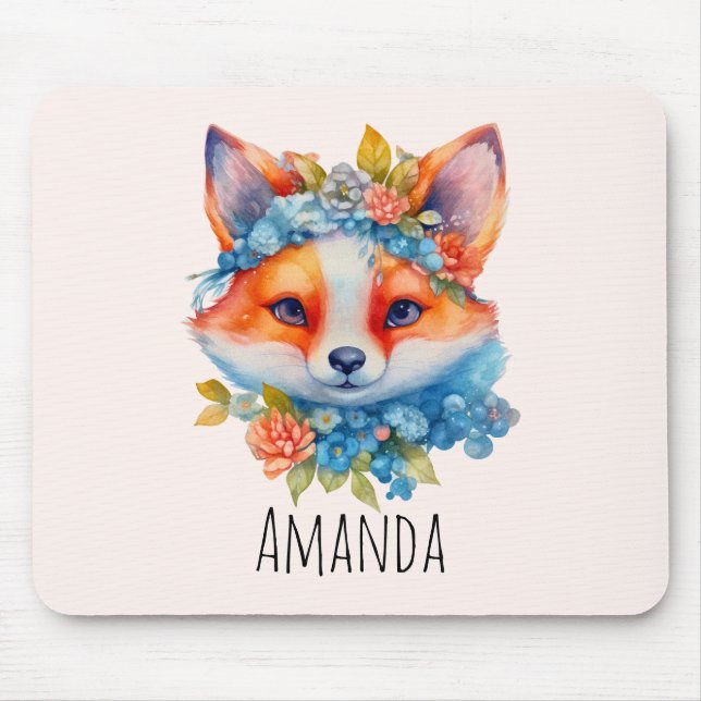 Tapis De Souris Cute Renard orange avec Couronne florale (Devant)